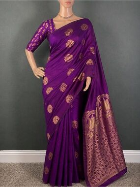 Brand new Purple Banarasi saree with stitched blouse (34” - 42”)